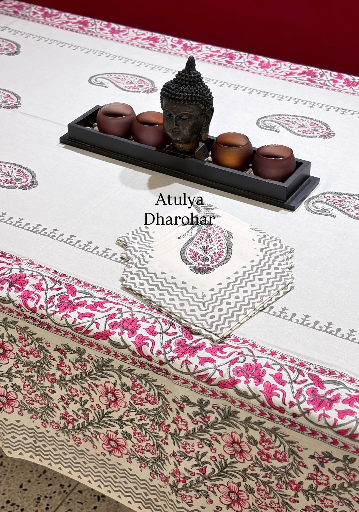 Pink and Grey Paisley Motifs Hand Block Dining Table Cover