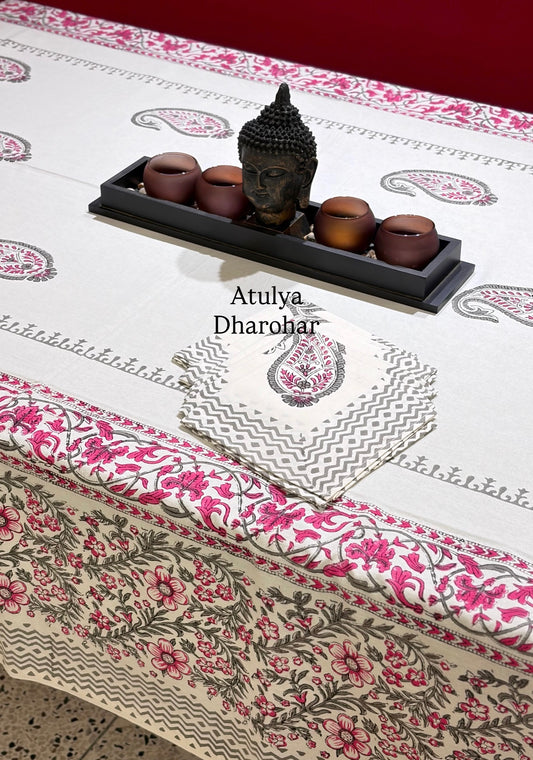 Pink and Grey Paisley Motifs Hand Block Dining Table Cover