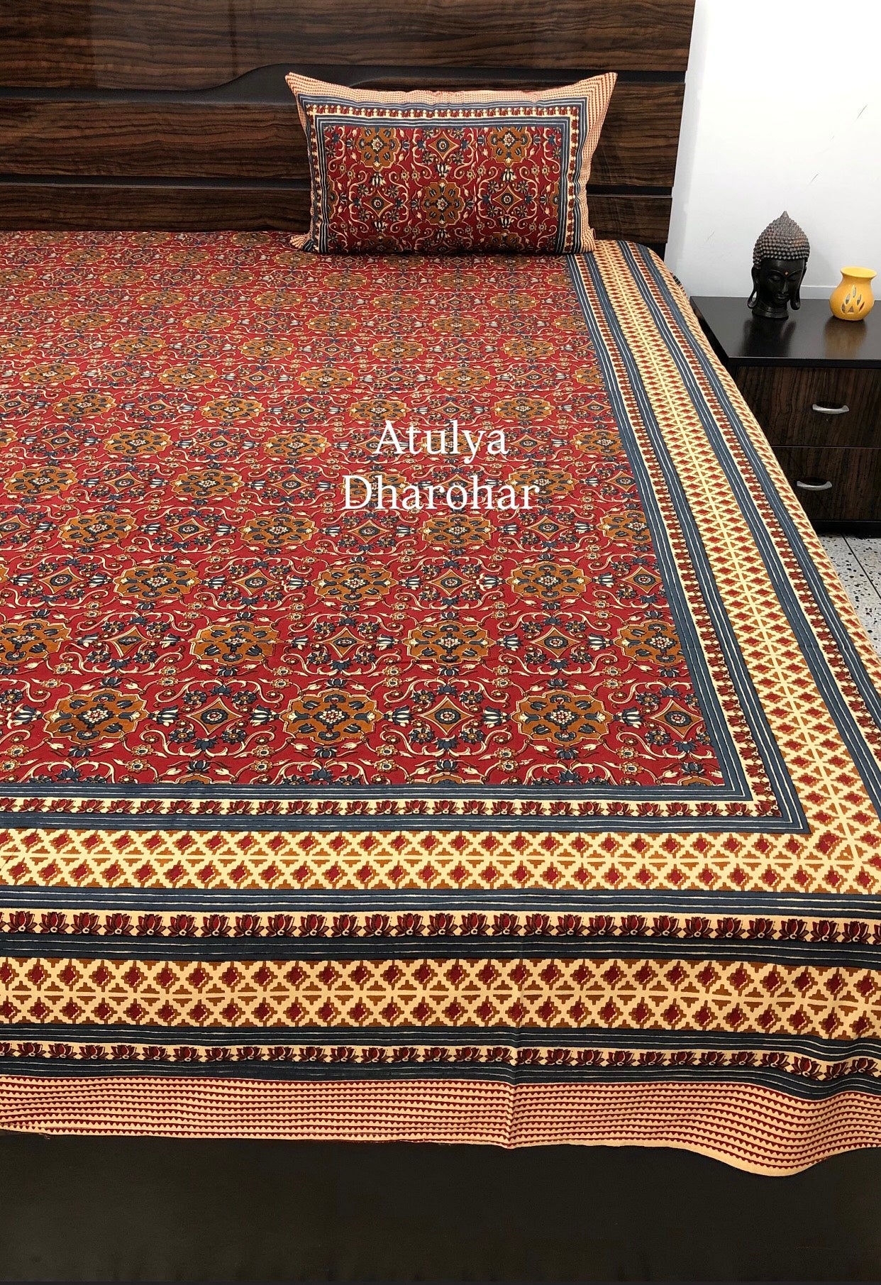 Maroon and Mustard Kalamkari Cotton King Size Bedsheet
