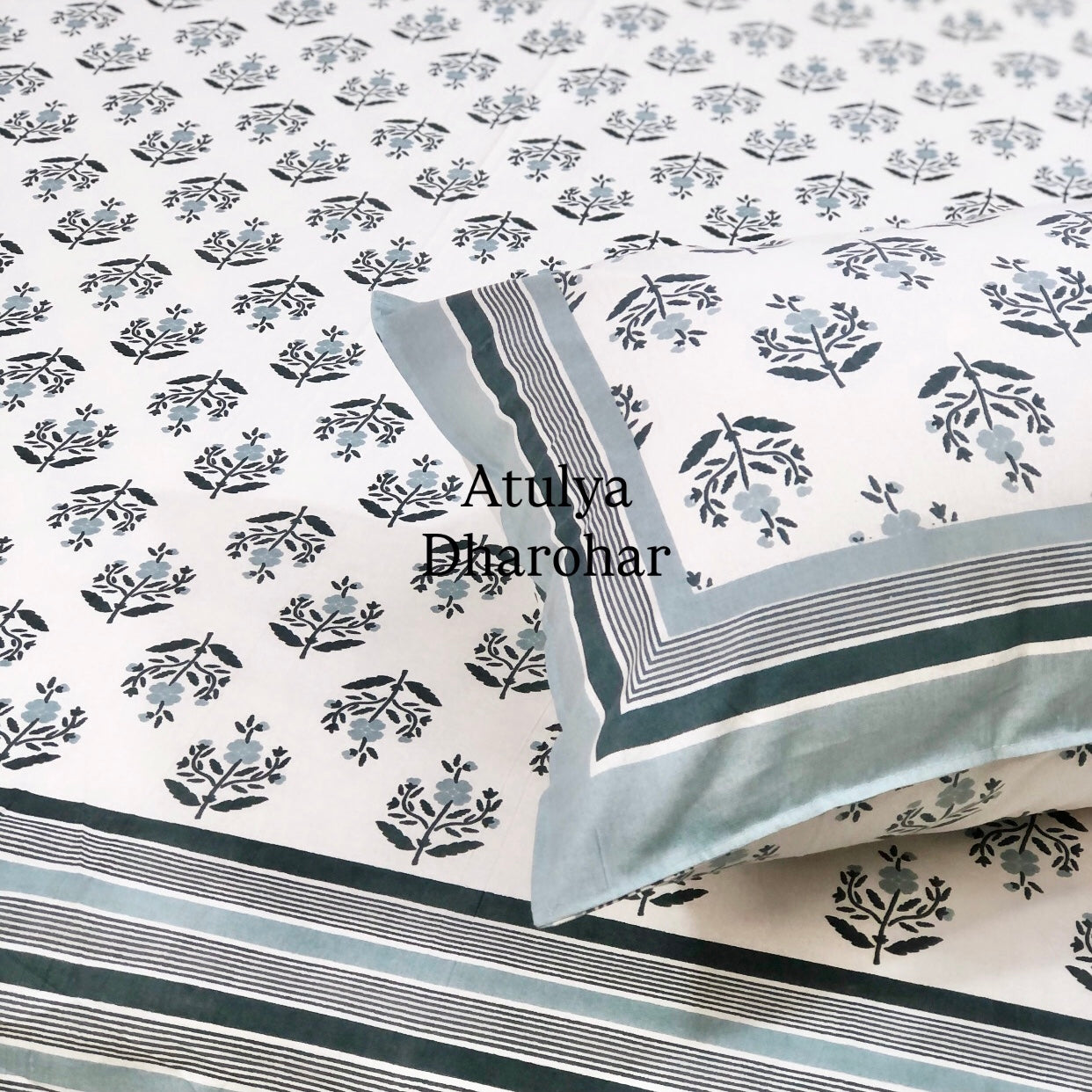 Grey Floral Motifs Cotton King Size Bedsheet