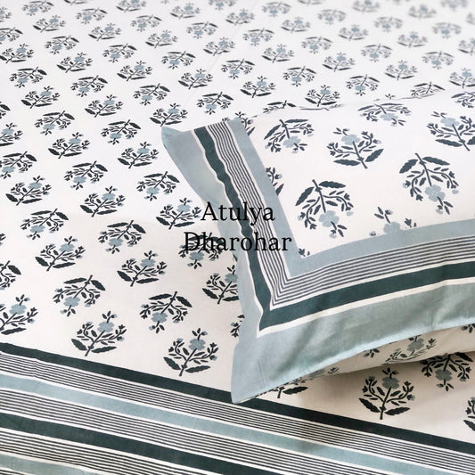 Grey Floral Motifs Cotton King Size Bedsheet