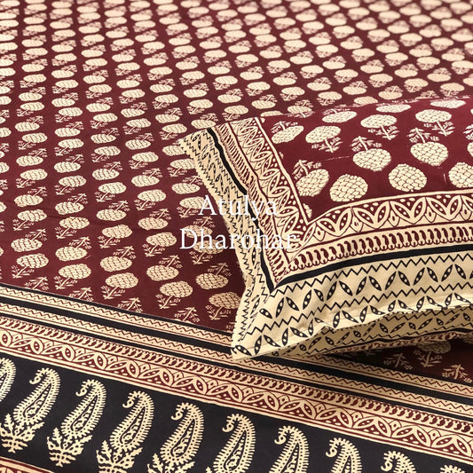 Maroon and Black Kalamkari Cotton Super King Bedsheet