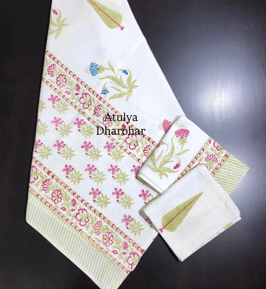 Green and Pink Floral Motifs Hand Block Waffle Cotton Towel Set