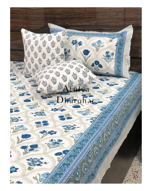 Blue and Grey Mughal Floral Jaal Bedsheet