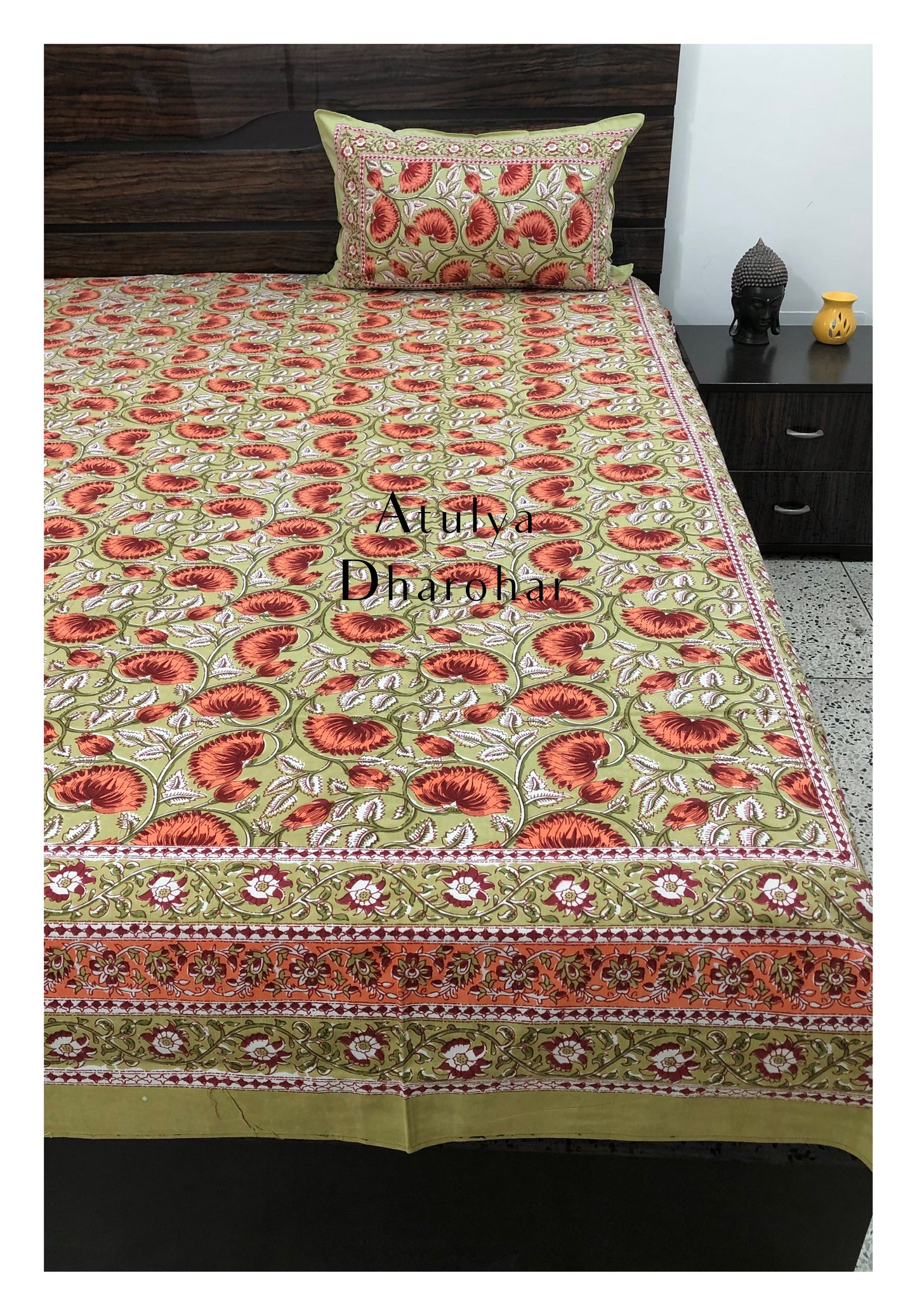 Green and Orange Lotus Motifs Bedsheet