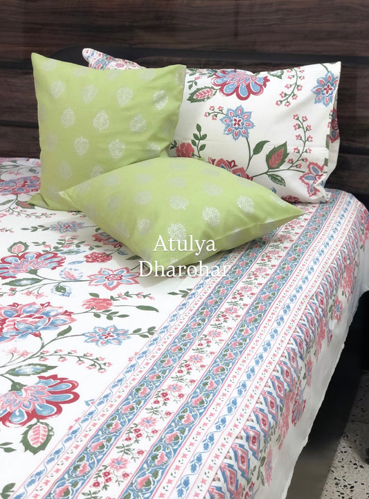 Blue and Pink Floral Jaal Cotton Super King Bedsheet