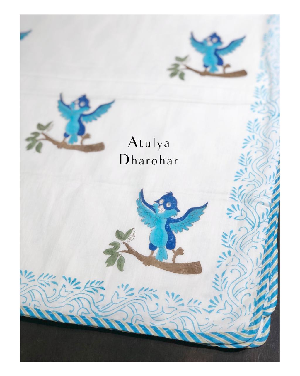 Happy Bird Hand Block Printed Baby Mulmul Dohar