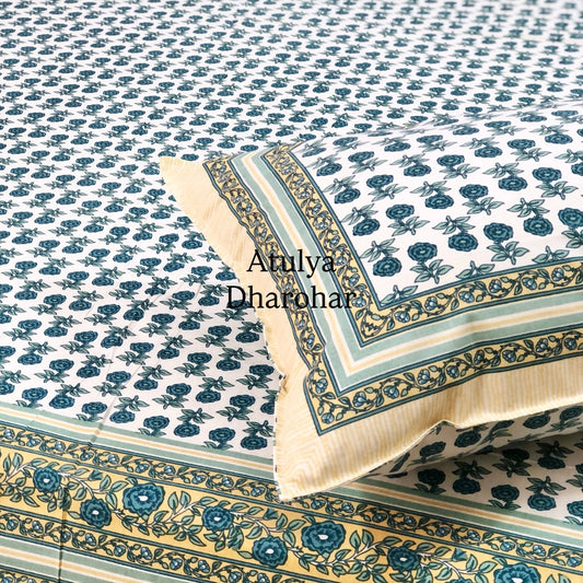 Turquoise Floral Motifs King Size Cotton Bedsheet