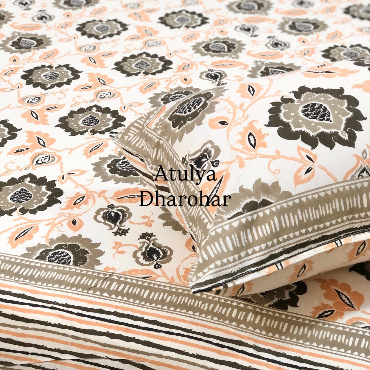 Peach and Grey Floral Jaal Cotton King Size Bedsheet
