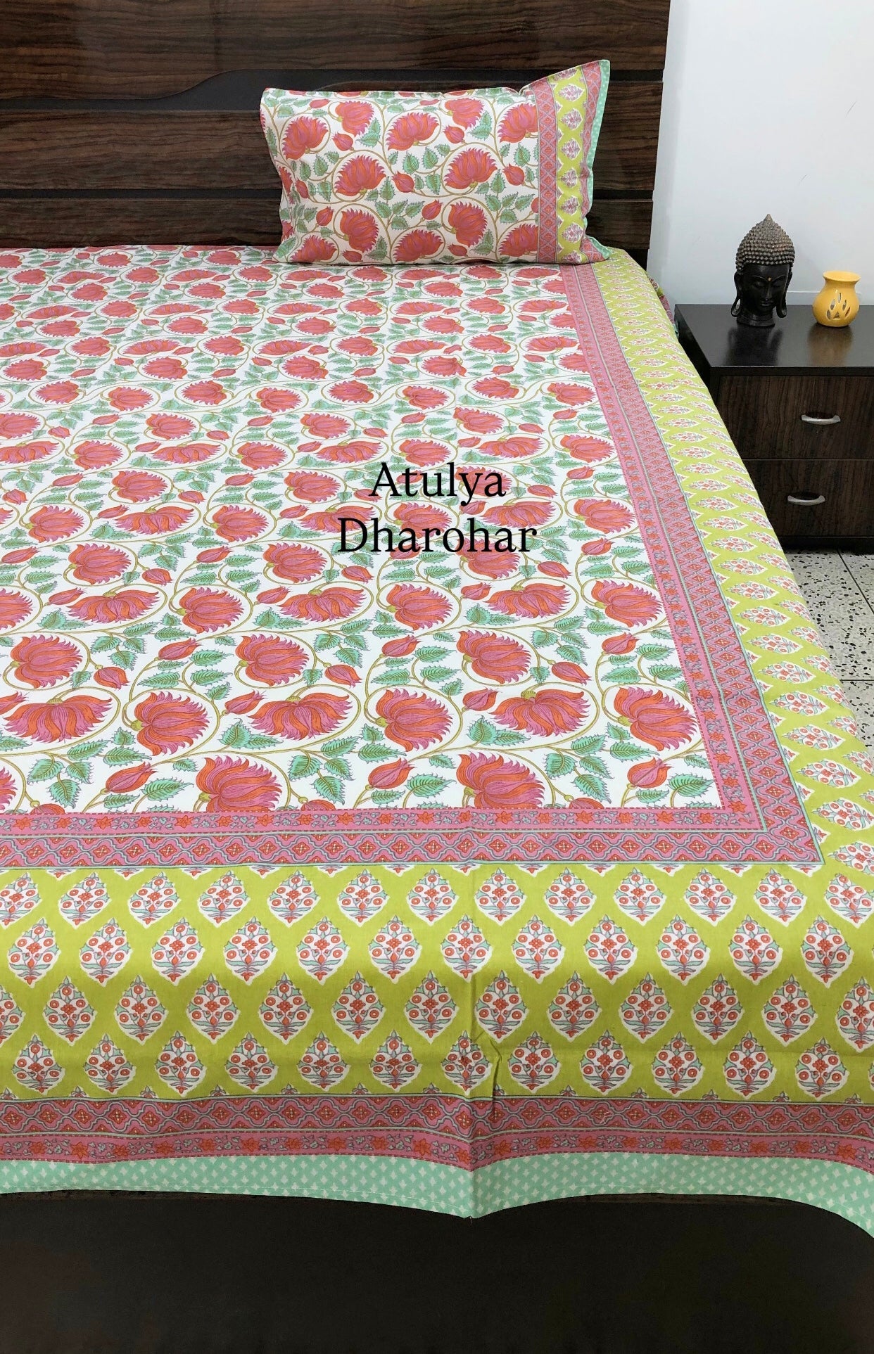 Pink and Green Lotus Jaal Cotton King Size Bedsheet