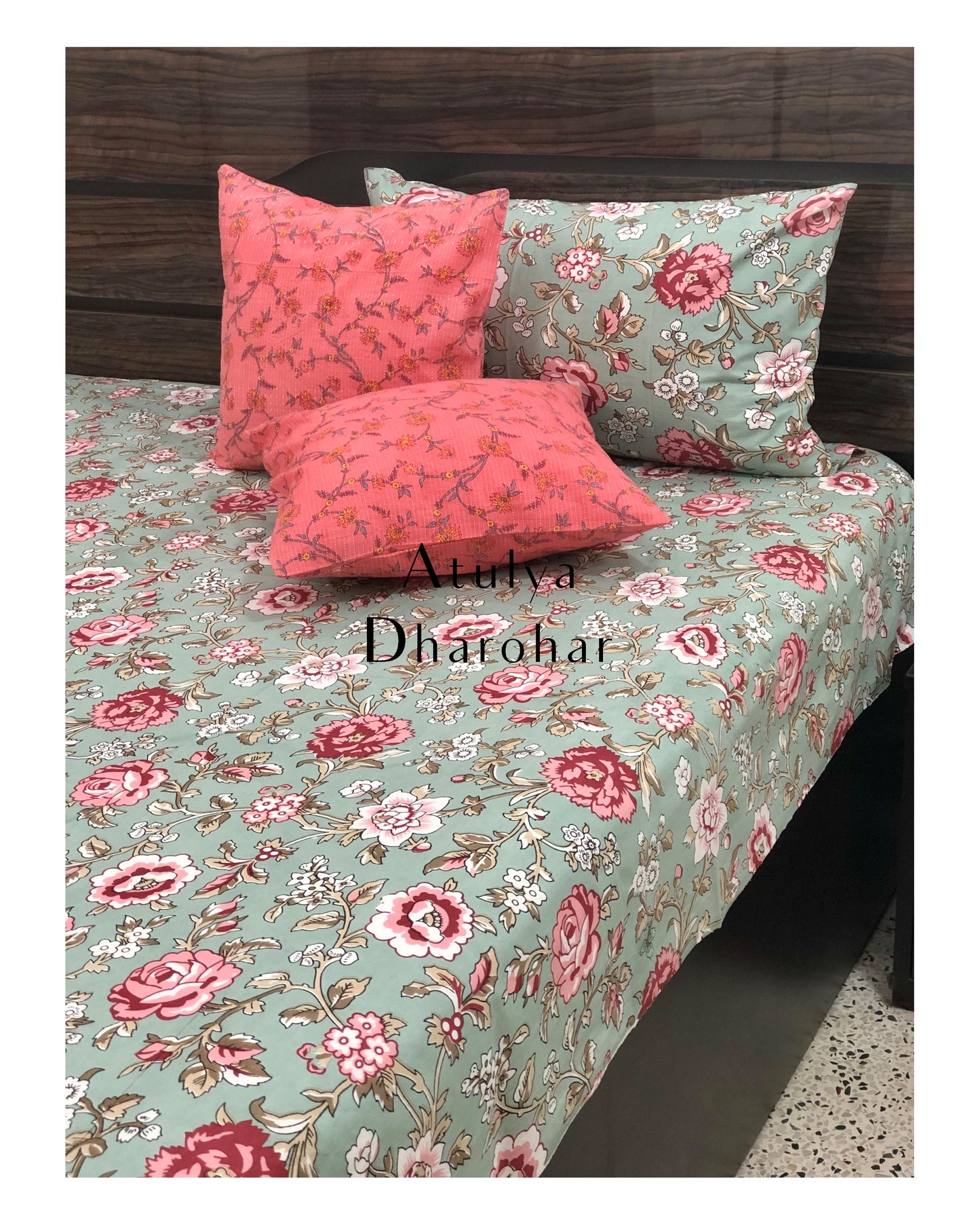 Green and Pink Floral Motifs Bedsheet