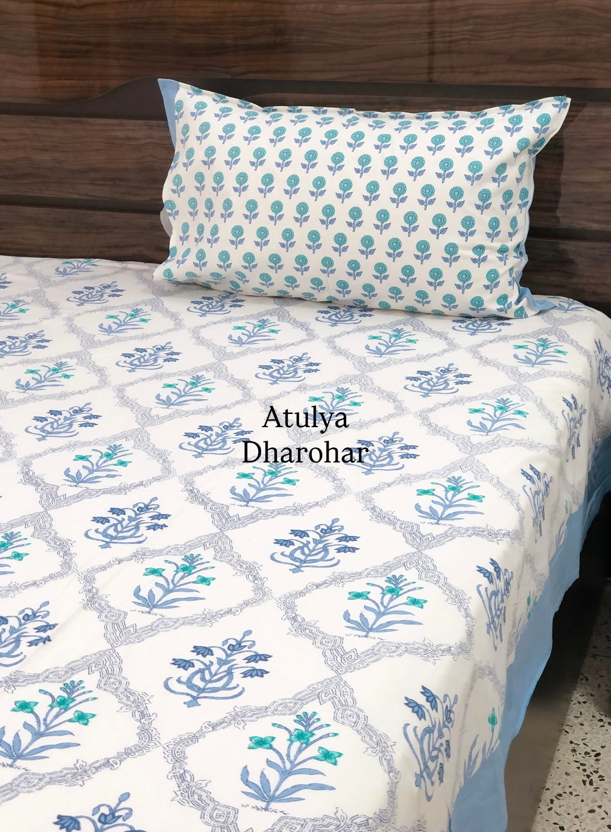 Blue Floral Mughal Jaal Super King Cotton Bedsheet