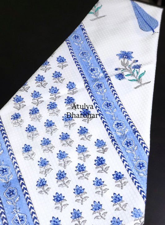 Blue Floral Motifs Hand Block Printed Waffle Cotton Towel