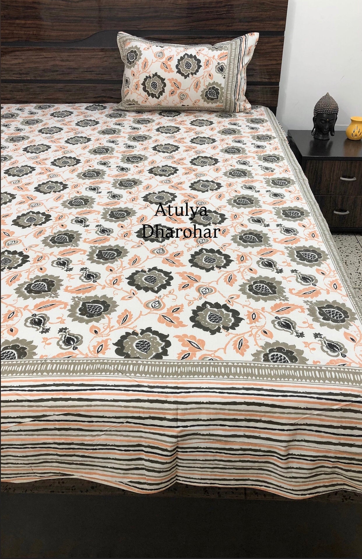 Peach and Grey Floral Jaal Cotton King Size Bedsheet