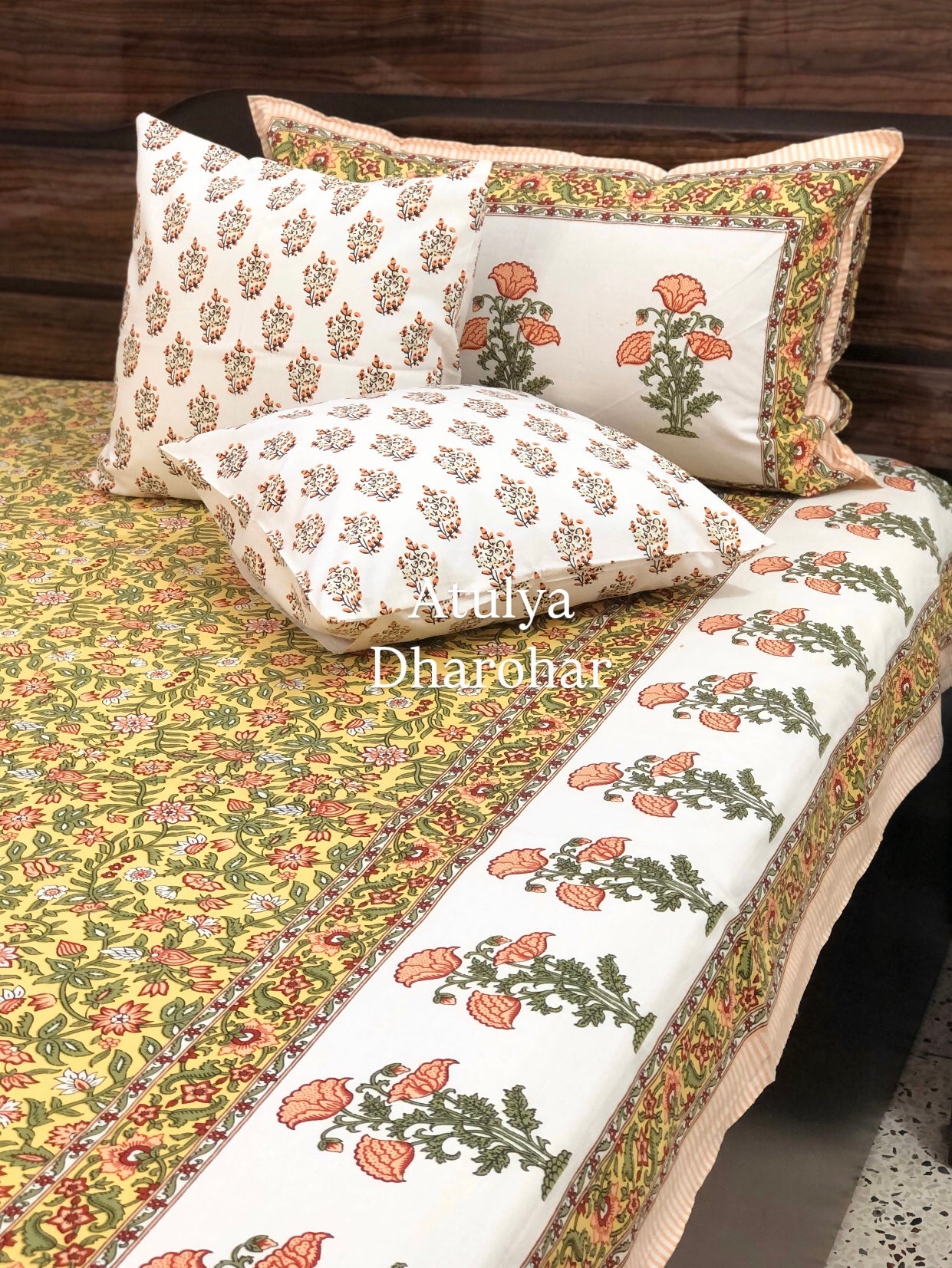 Yellow Floral Jaal Cotton King Size Bedsheet