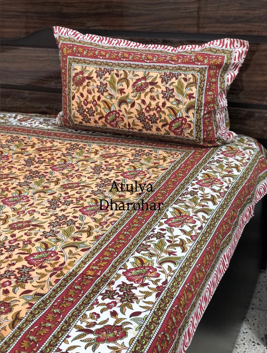 Red Floral Jaal Cotton Single Bedsheet