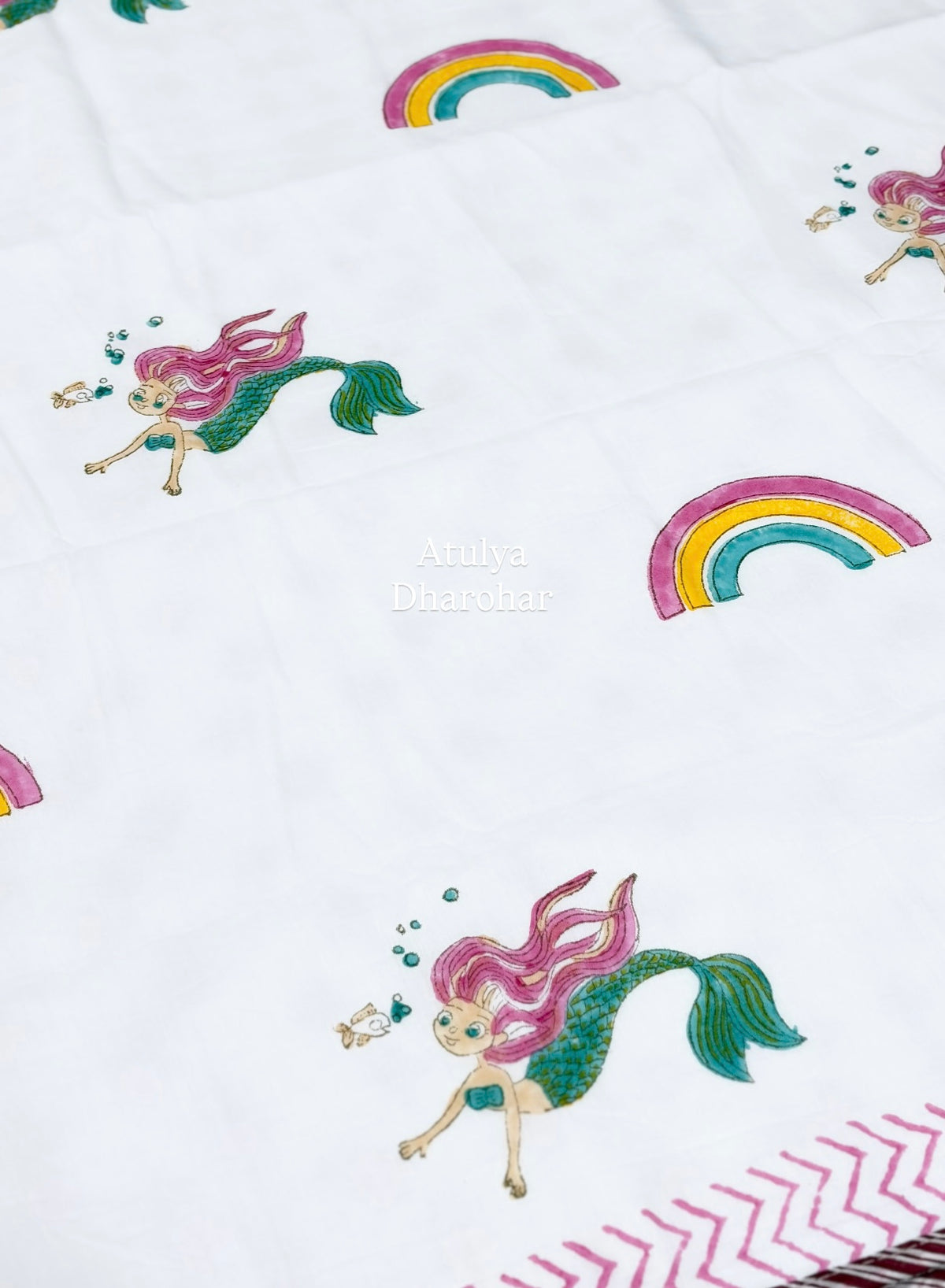 Mermaid and Rainbow Hand Block Printed Mulmul Baby Dohar