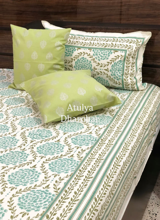 Turquoise Floral Mughal Jaal Cotton Super King Bedsheet