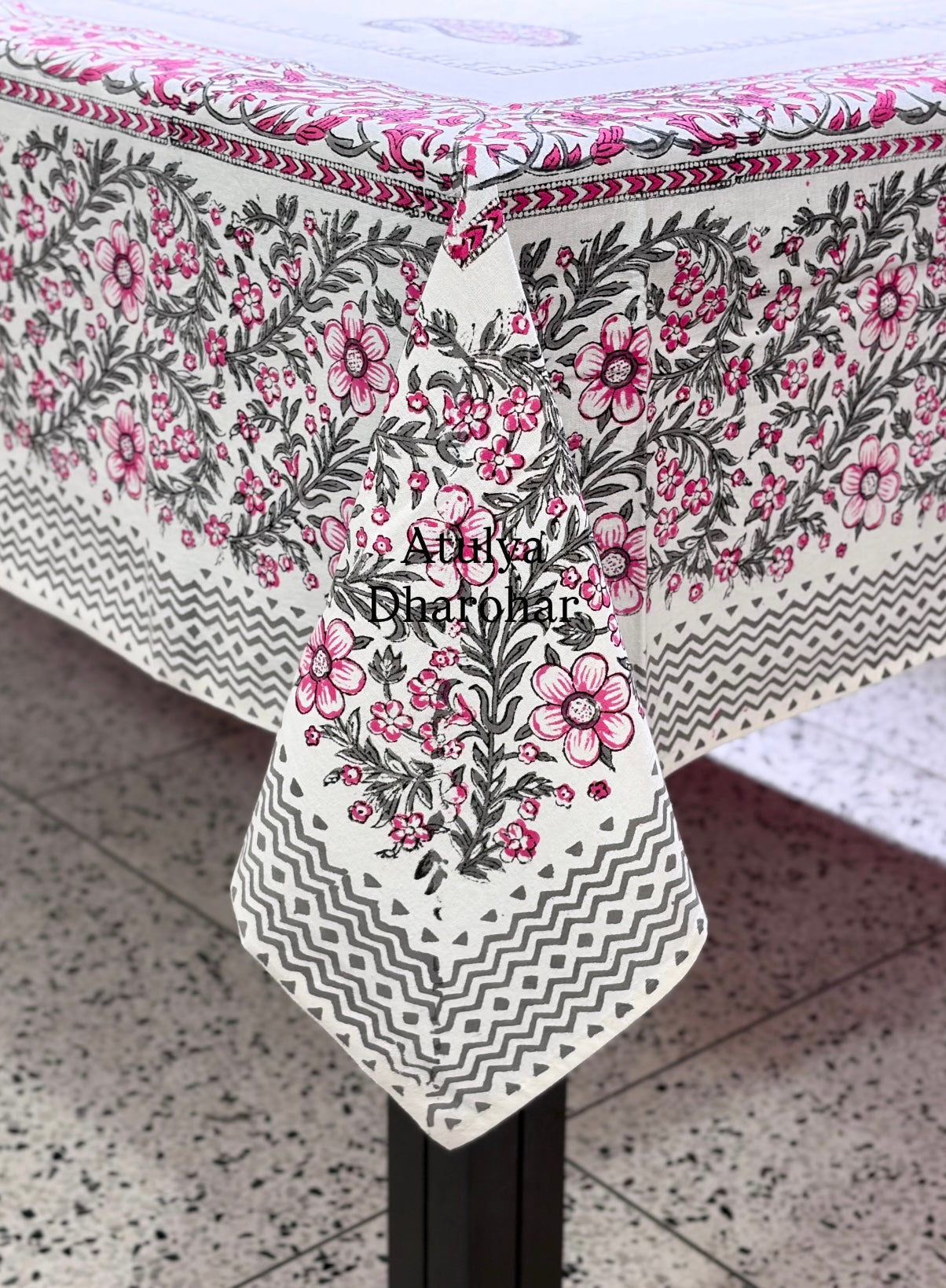 Pink and Grey Paisley Motifs Hand Block Dining Table Cover