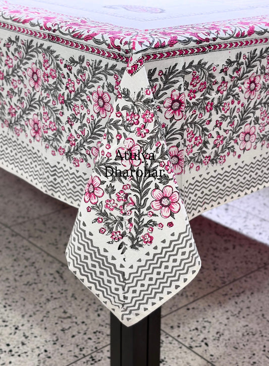 Pink and Grey Paisley Motifs Hand Block Dining Table Cover