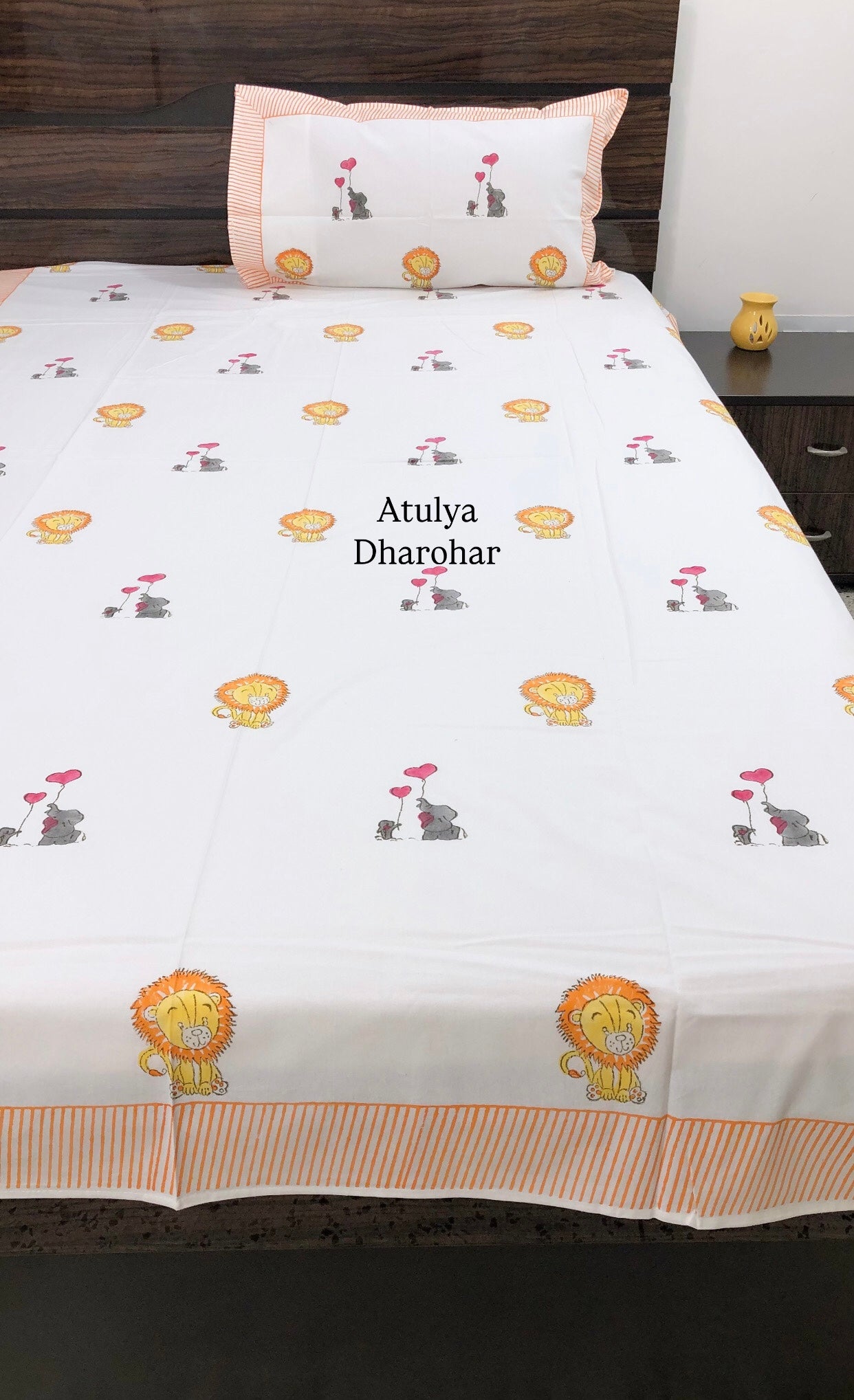Lion and Elephant Kids Hand Block Printed Single Bedsheet