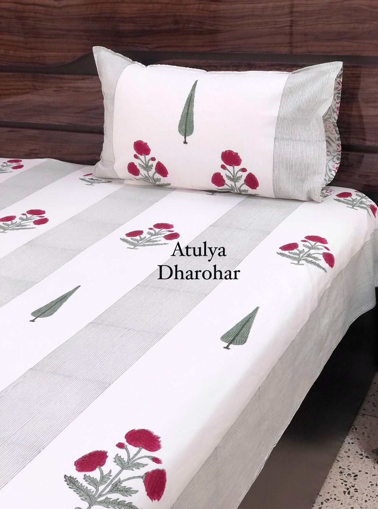 Pinkish Red Marigold with Pine Tree Motifs Hand Block Printed Super King Bedsheet