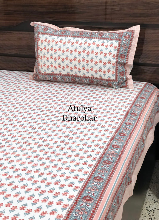 Peach Floral Motifs Cotton King Size Bedsheet