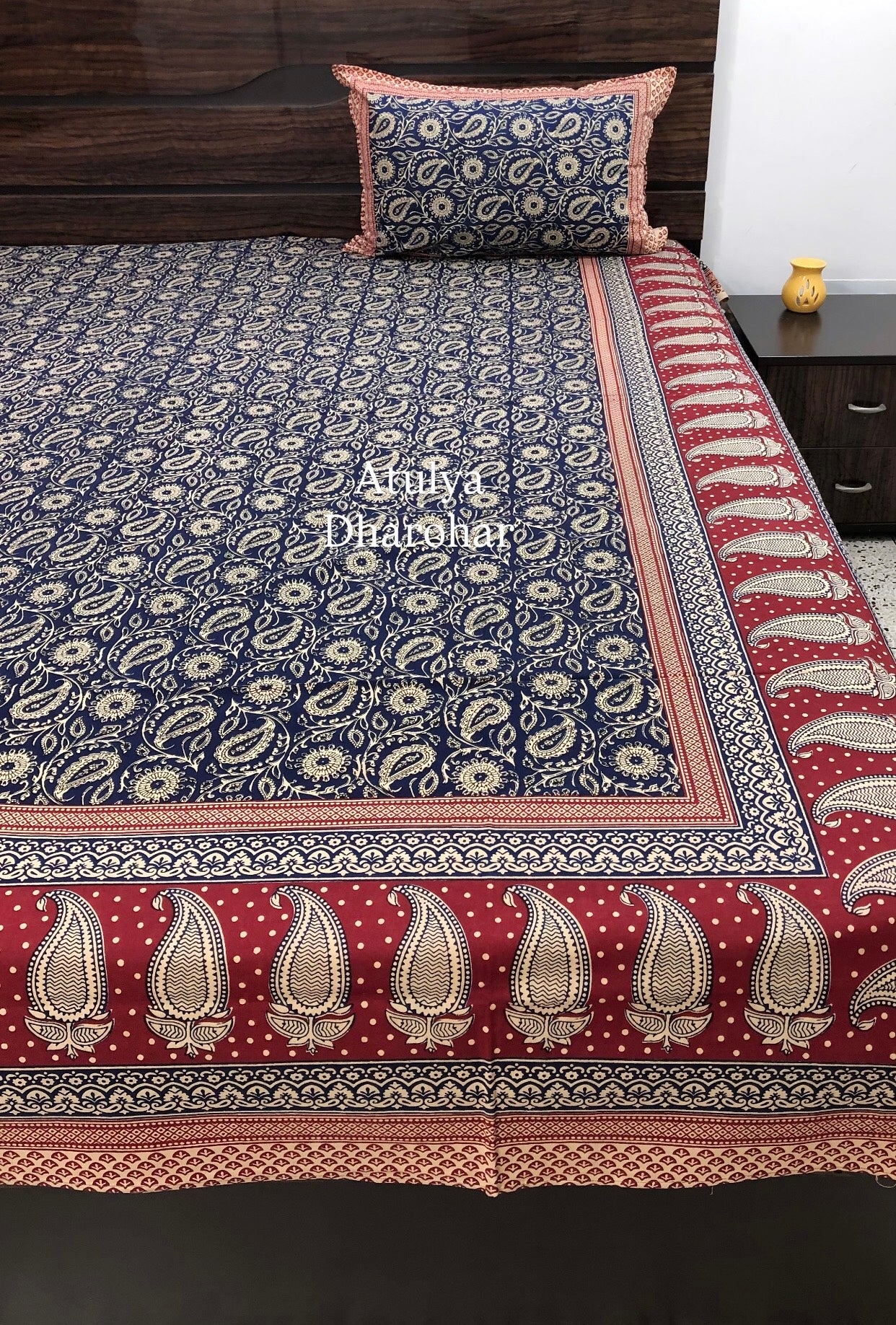 Indigo and Red Cotton Kalamkari King Size Bedsheet