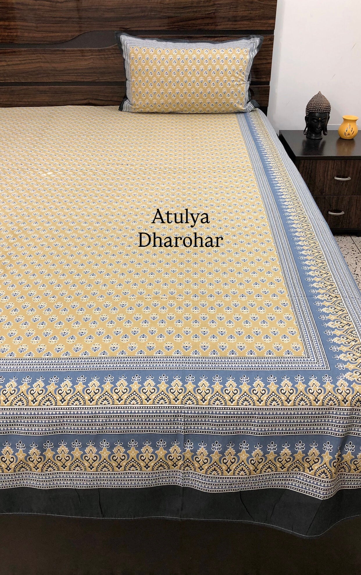 Yellow and Blue Butti Cotton King Size Bedsheet