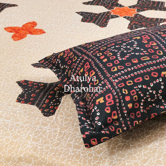 Black and Orange Bandhani Cotton Super King Bedsheet