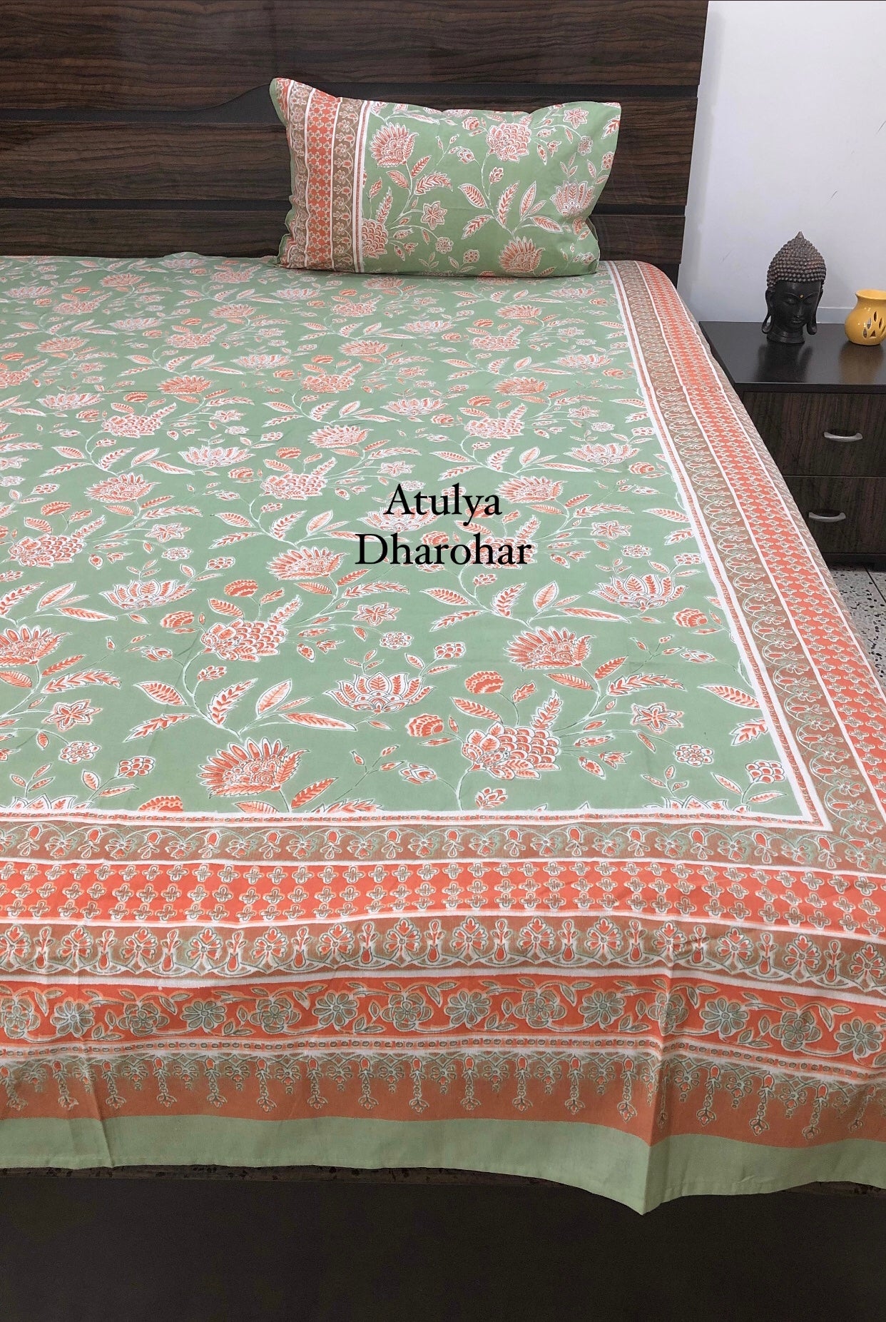 Green and Orange Floral Jaal Super King Bedsheet