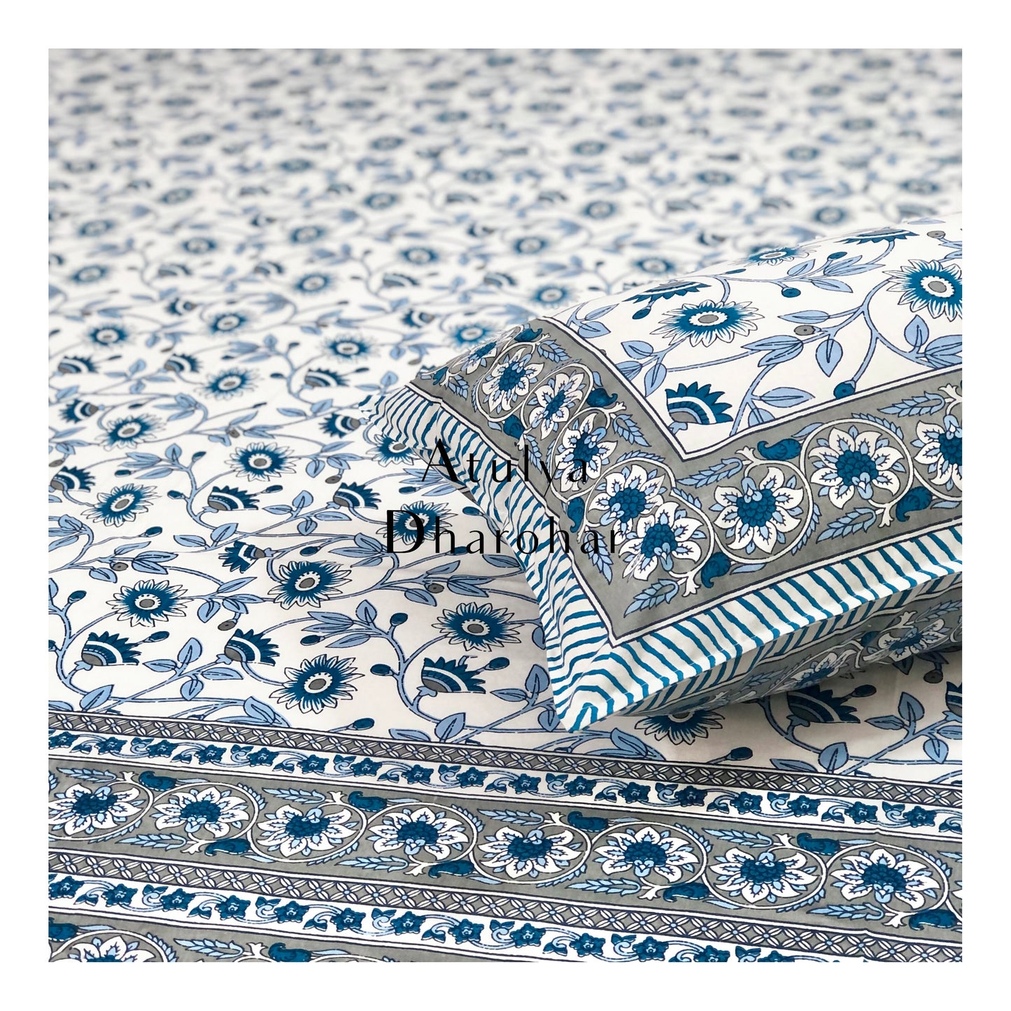 Blue and Grey Floral Jaal Cotton Bedsheet