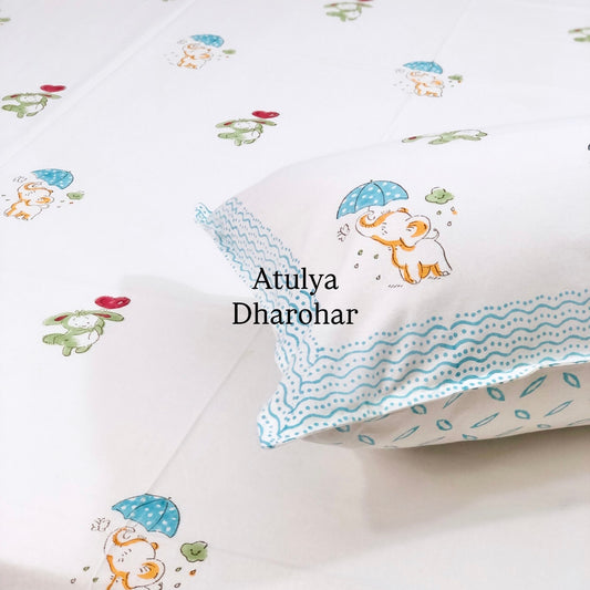 Elephant and Rabbit Hand Block Printed Single Bedsheet