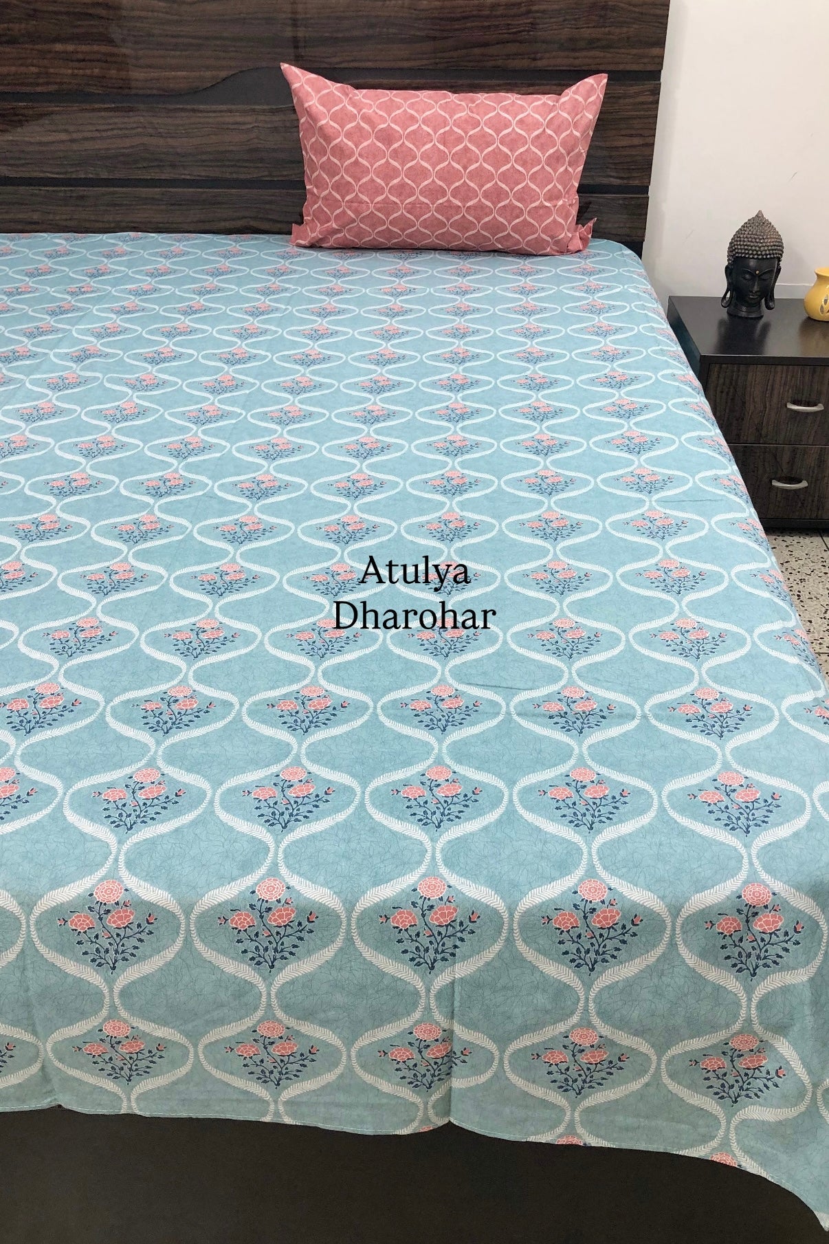 Turquoise Blue and Rust Mughal Jaal Super King Bedsheet