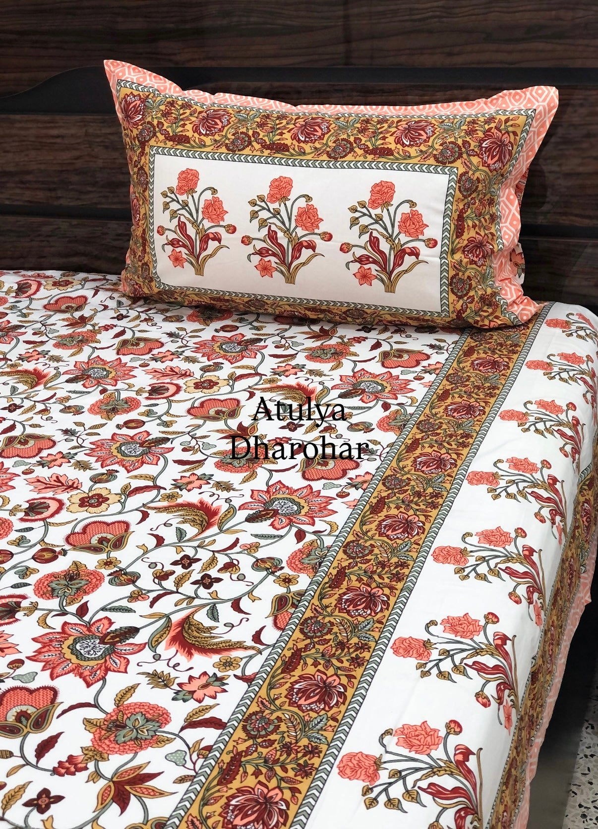Orange Floral Jaal Cotton Super King Bedsheet