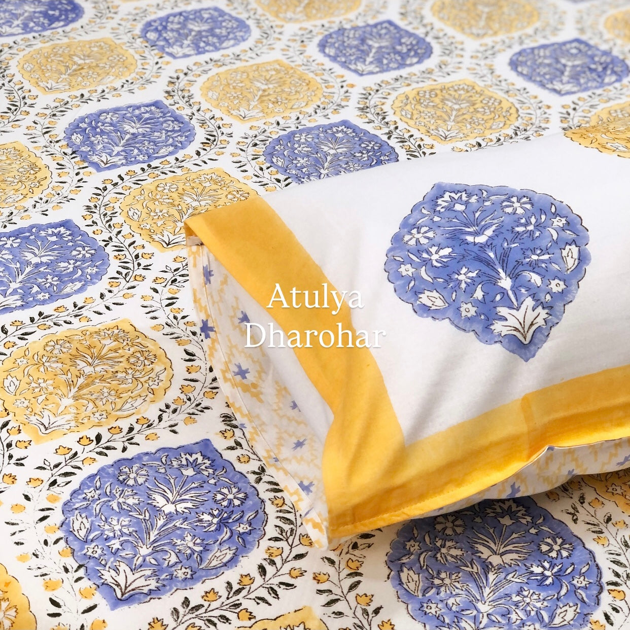 Yellow and Blue Mughal Jaal Cotton Hand Block Super King Bedsheet