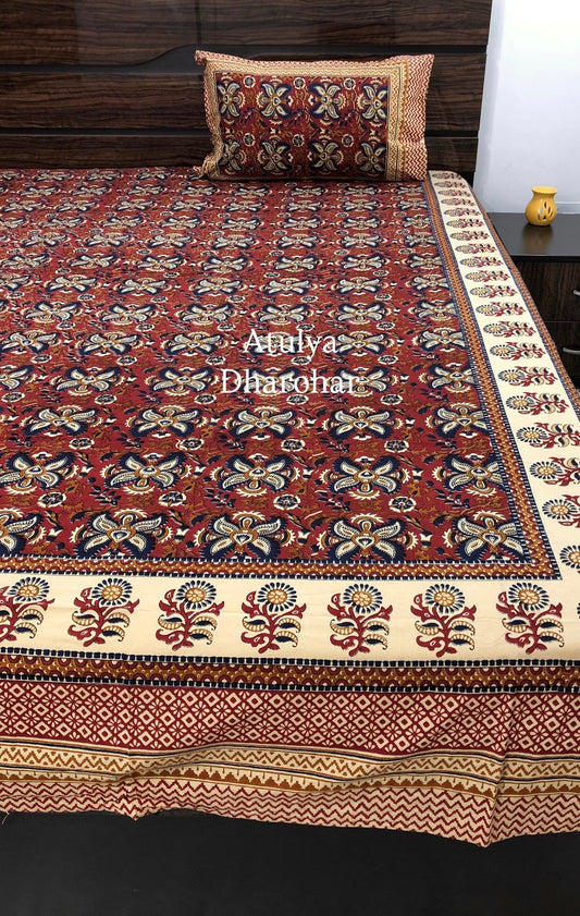 Red and Blue Kalamkari Cotton Super King Bedsheet