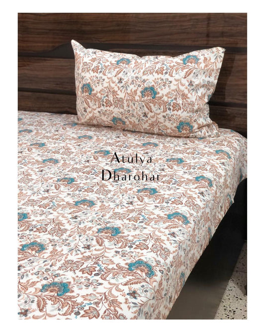 Teal Floral Jaal Single Bedsheet