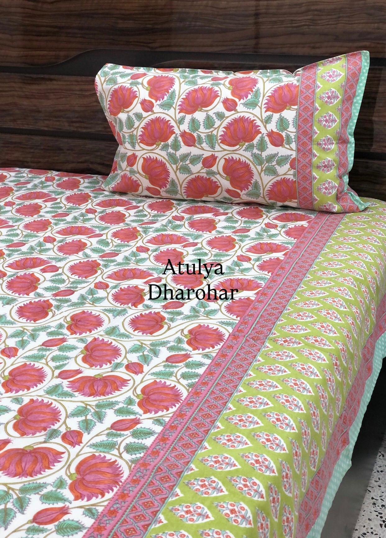 Pink and Green Lotus Jaal Cotton King Size Bedsheet