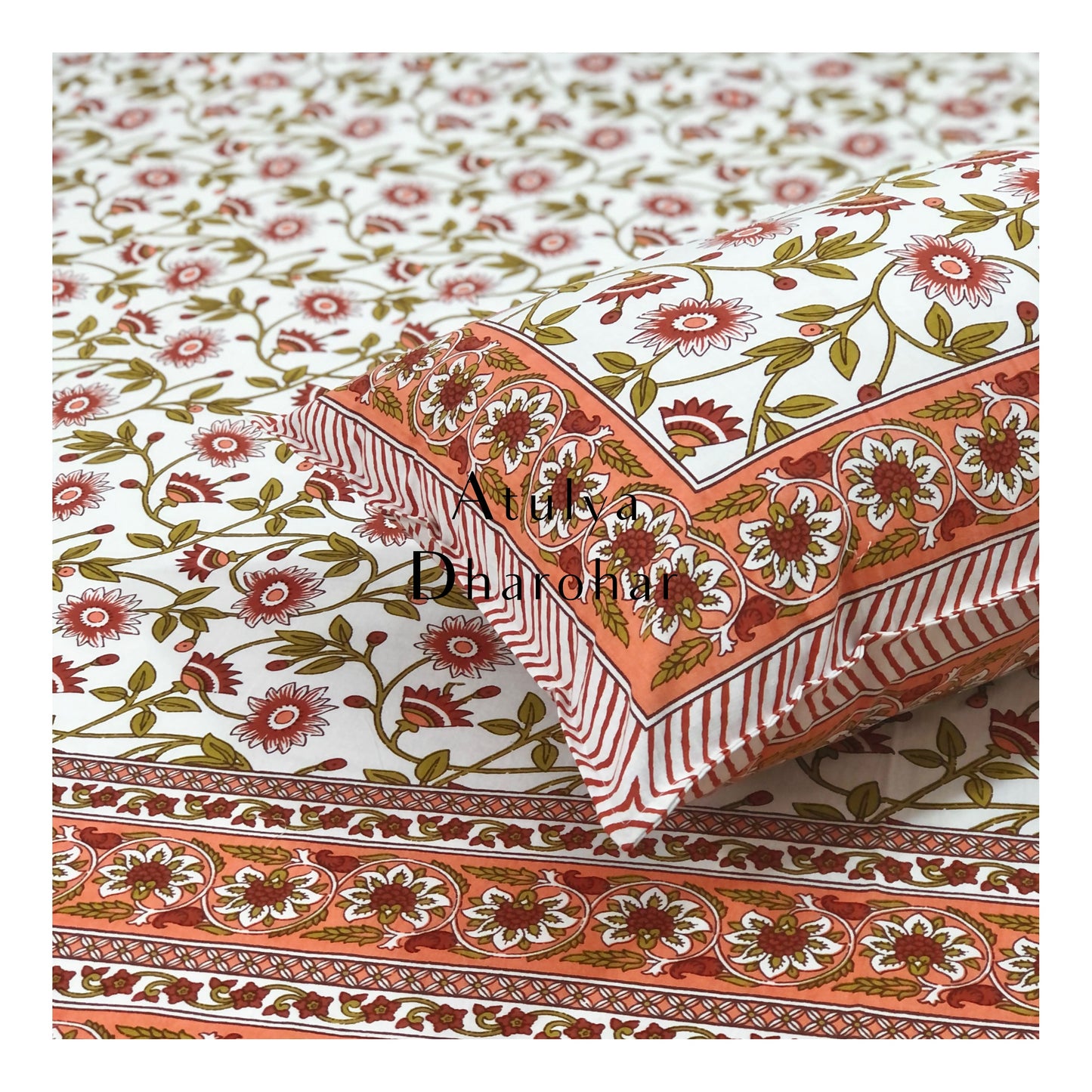 Orange and Green Floral Jaal Bedsheet