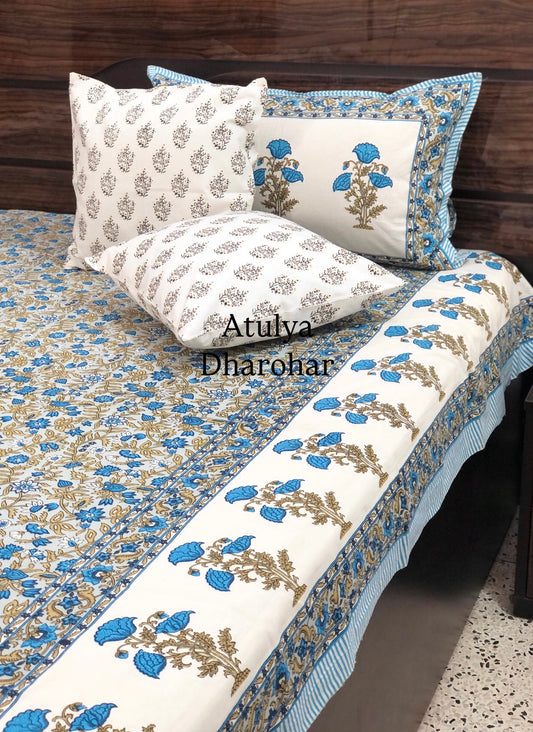 Blue and Grey Floral Jaal Cotton King Size Bedsheet