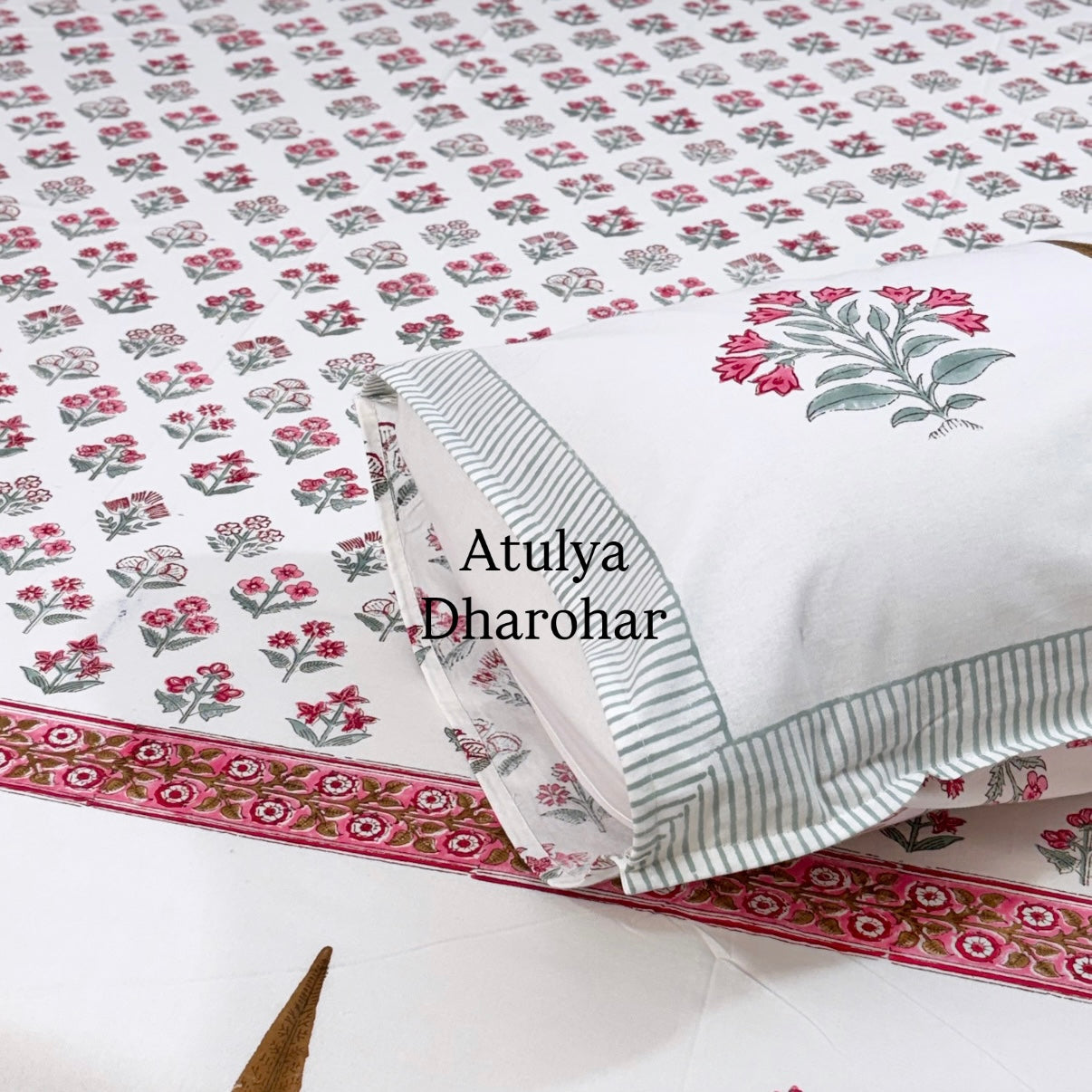 Pink Floral Motifs Hand Block Super King Cotton Bedsheet