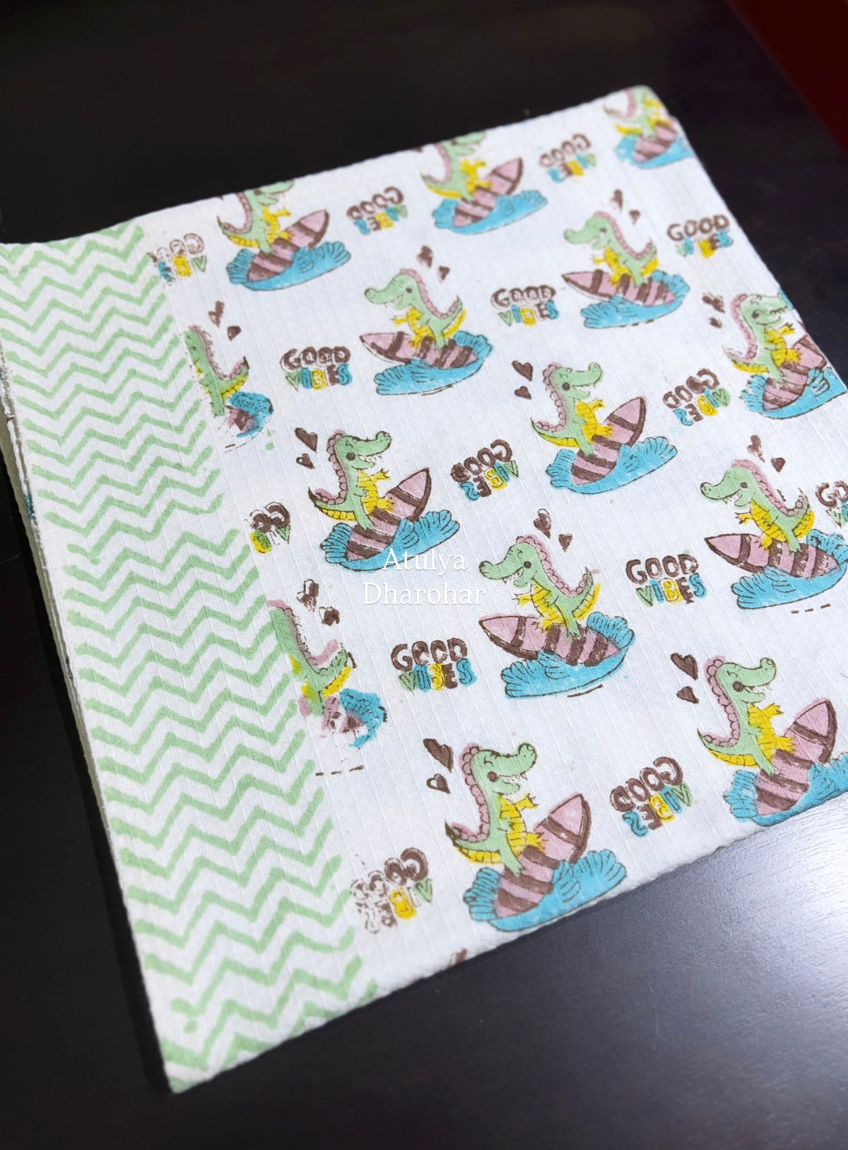 Surfing Croc and Good Vibes Hand Block Printed Waffle Cotton Kids Towel