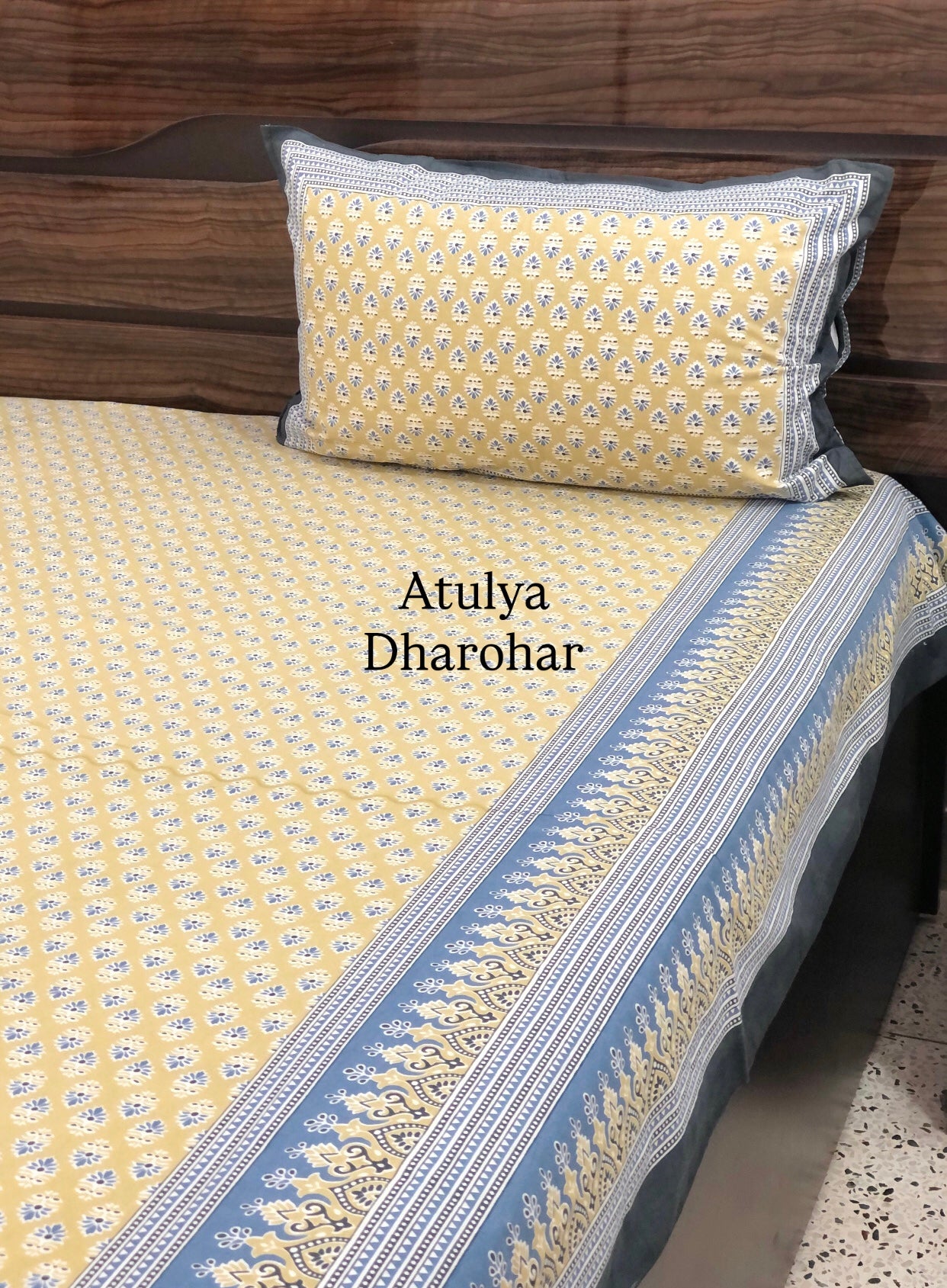 Yellow and Blue Butti Cotton King Size Bedsheet