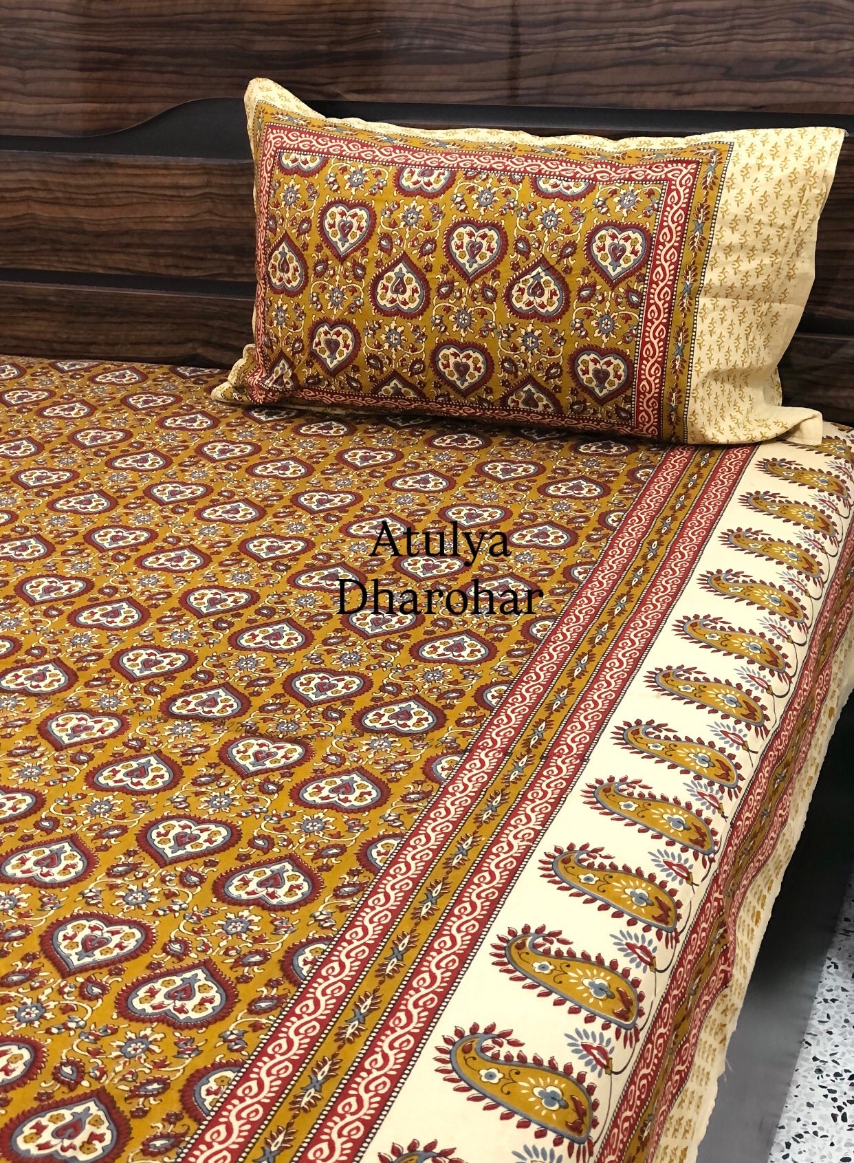 Mustard and Maroon Cotton Kalamkari Super King Bedsheet
