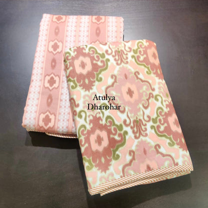 Rust and Green Ikat Mulmul Single Dohar Pair with Super King Bedsheet Set