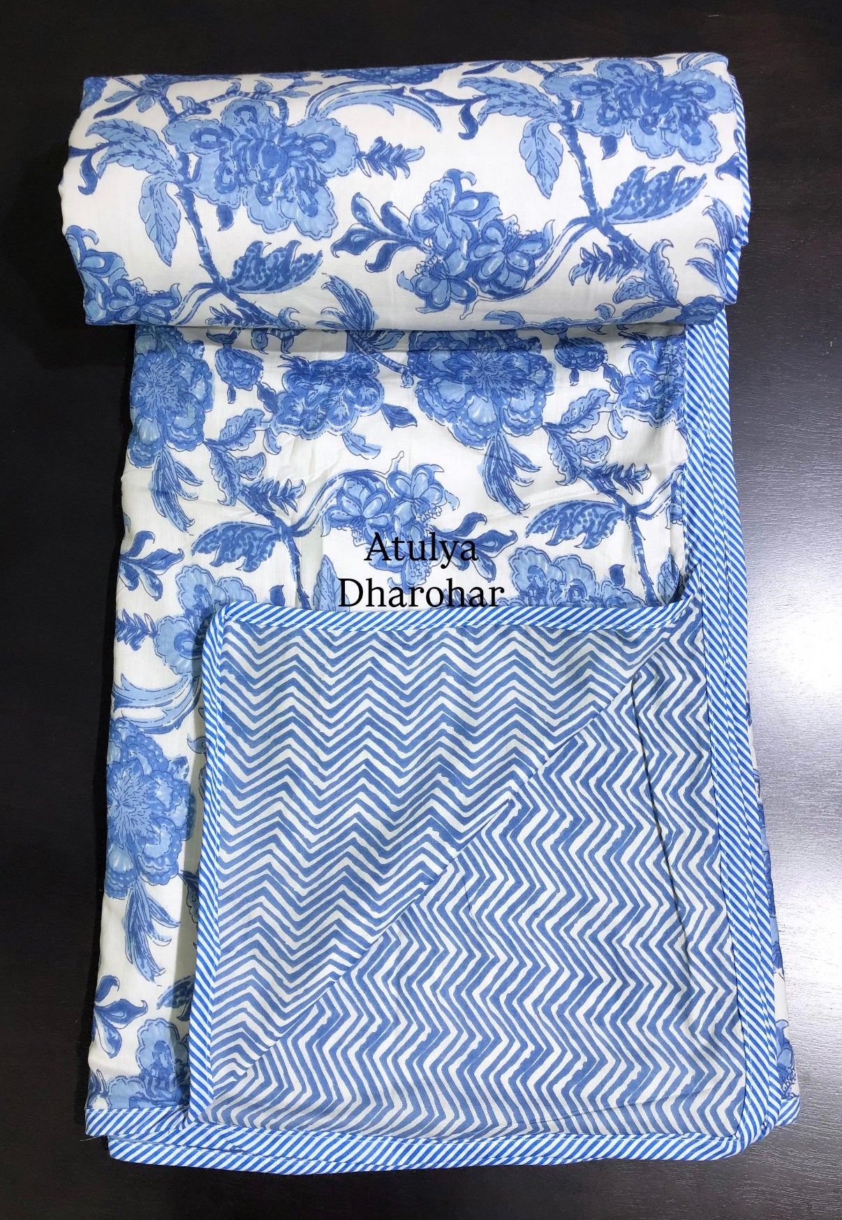 Blue Floral Jaal Mulmul Double Bed Dohar