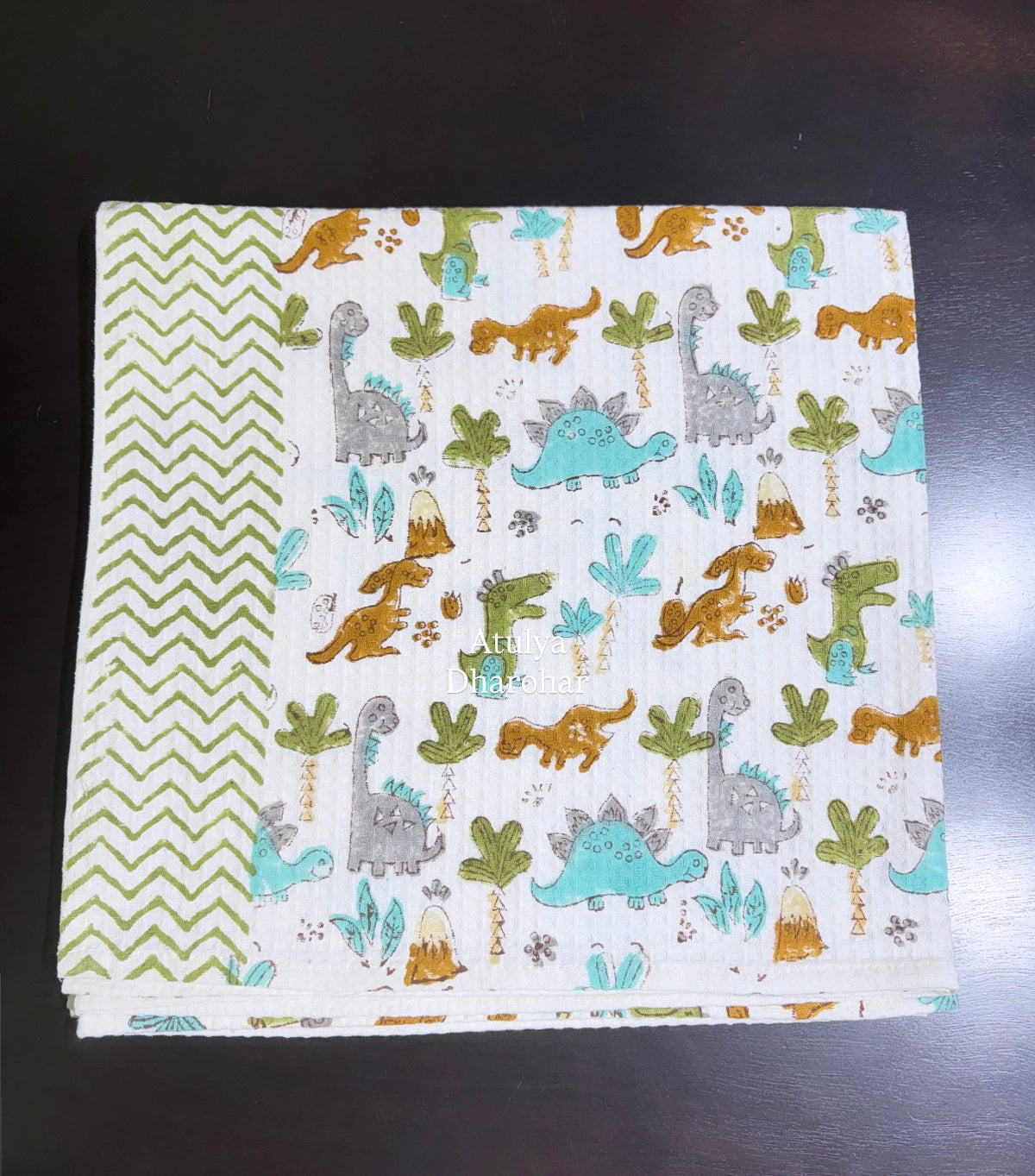 Multicolour Dino Hand Block Printed Waffle Cotton Kids Towel