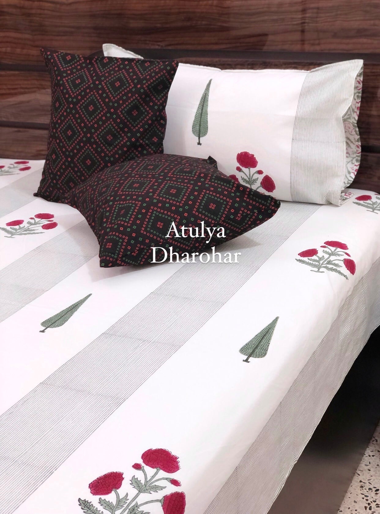 Pinkish Red Marigold with Pine Tree Motifs Hand Block Printed Super King Bedsheet