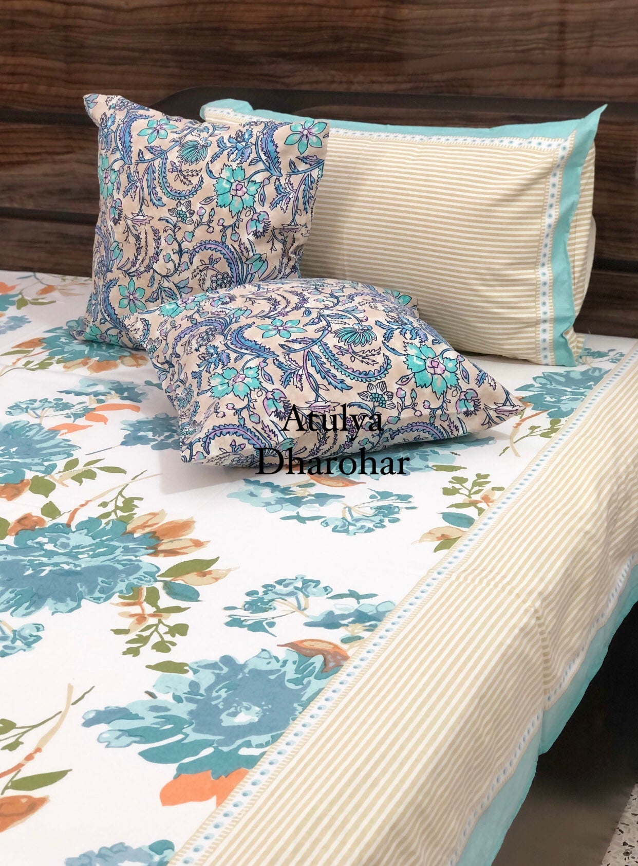 Turquoise Floral Motifs Cotton Bedsheet